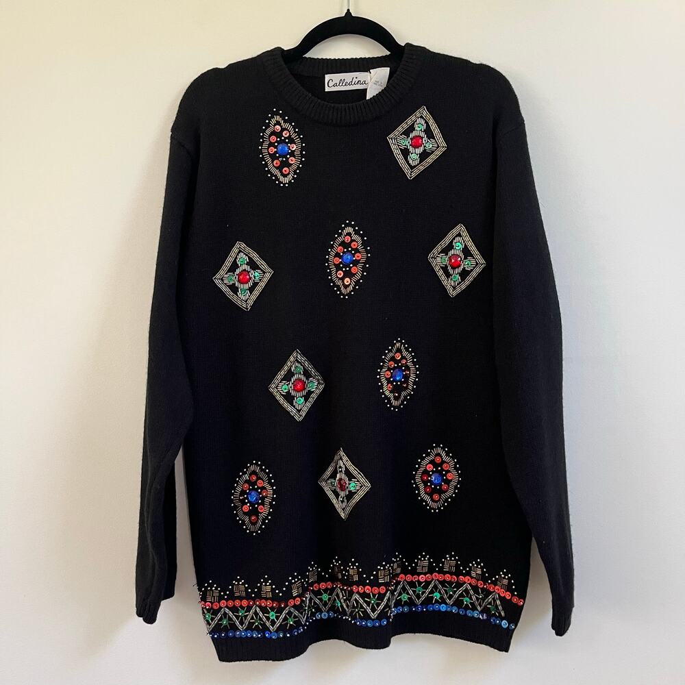 VTG Calledina Beaded Sweater Womens Black Jeweled Gem Medallion Sequin 80s 90s